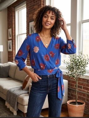 Madewell Effie floral v neck boho cottagecore wrap top blue tie small.
